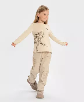 Лонгслив с принтом леопард бежевый для девочки Button Blue