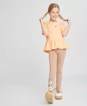 Лосины для девочки коричневые с поясом на резинке и принтом Button Blue