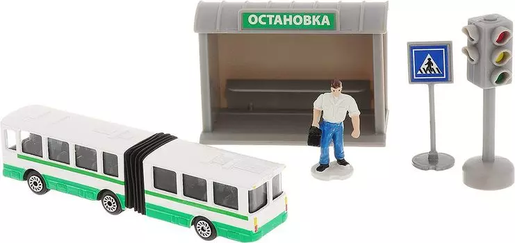 НАБОР "ТЕХНОПАРК" МЕТАЛЛ. АВТОБУС 12СМ С ОСТАНОВКОЙ, С ФИГУРКОЙ И АКСЕСС. В РУСС. КОР. в кор.2*24шт