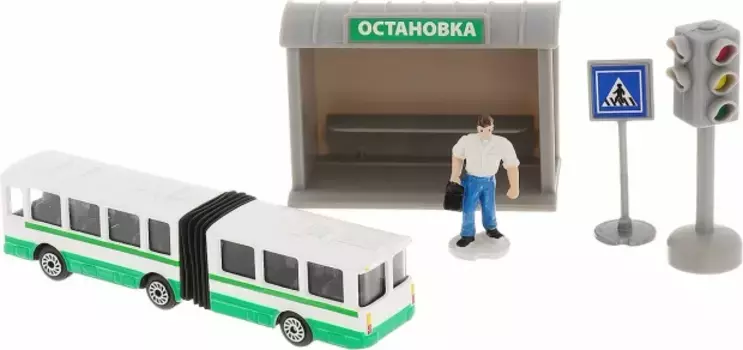 НАБОР "ТЕХНОПАРК" МЕТАЛЛ. АВТОБУС 12СМ С ОСТАНОВКОЙ, С ФИГУРКОЙ И АКСЕСС. В РУСС. КОР. в кор.2*24шт