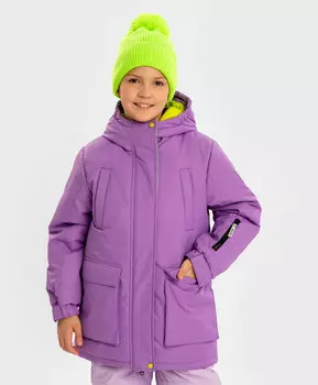 Пальто зимнее непромокаемое с капюшоном и большими карманами фиолетовое для девочки Button Blue