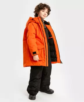 Пальто зимнее с искусственным пухом, с капюшоном и шестью карманами оранжевое для мальчика Button Blue