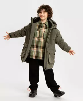 Пальто зимнее с искусственным пухом, с капюшоном и шестью карманами хаки для мальчика Button Blue (116)
