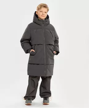 Пальто зимнее водоотталкивающее с капюшоном и внешними швами серое для мальчика Button Blue (140)