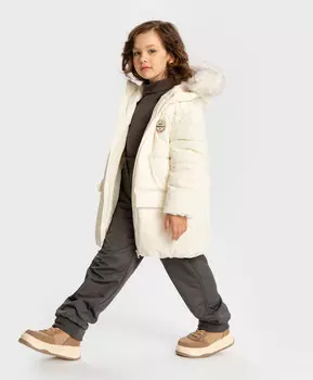 Пальто зимнее водоотталкивающее с капюшоном со съемным мехом молочное для девочки Button Blue
