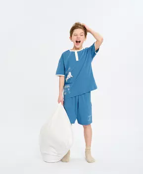 Пижама с футболкой оверсайз и шортами для мальчика синяя с принтом Button Blue