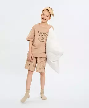 Пижама с футболкой оверсайз и шортами для девочки коричневая с принтом Button Blue