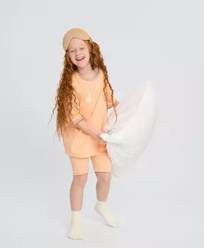 Пижама с футболкой оверсайз и велосипедками для девочки оранжевая с принтом Button Blue