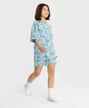 Пижама с шортами и футболкой с коротким рукавом с котами голубая для девочки Button Blue (122-128)
