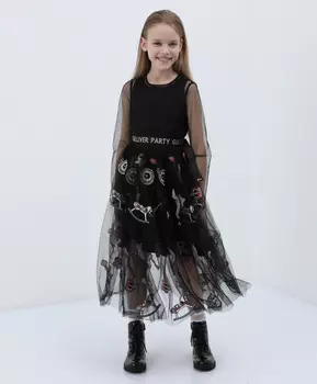 Платье двухслойное со шрифтовым принтом на поясе Gulliver