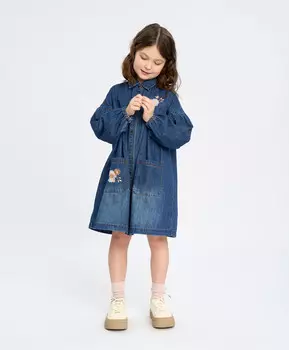 Платье джинсовое на кнопках для девочки синее с вышивкой Button Blue