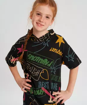 Платье-футболка с коротким рукавом и капюшоном черное для девочки Button Blue