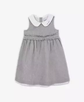 Платье из благородного меланжевого льна с контрастной отделкой серое для девочки Gulliver (80-48)