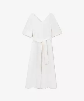 Платье льняное с коротким рукавом трапециевидного силуэта с поясом белое GLVR (XL)