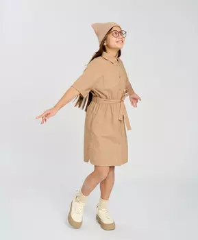 Платье-рубашка оверсайз с длинным рукавом для девочки бежевое Button Blue