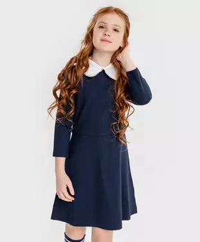 Платье с белым отложным воротником с ажурной вязкой синее Button Blue (164)