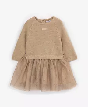 Платье с длинным рукавом из вязаного трикотажа и тонкой сетки бежевое для девочки Gulliver