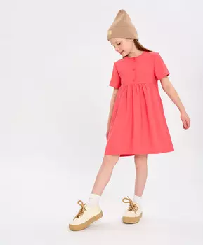 Платье с коротким рукавом для девочки коралловое с карманами Button Blue