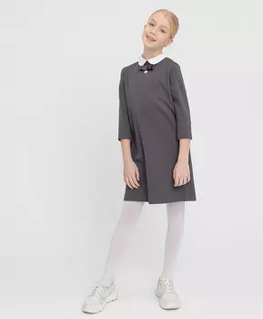 Платье с рукавом 3/4 и декоративным бантом серое из плотного трикотажа Button Blue (170)