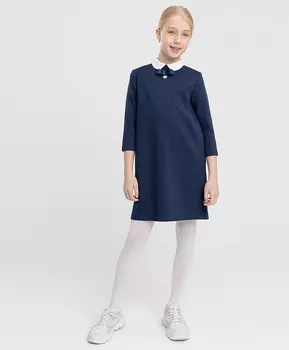 Платье с рукавом 3/4 и декоративным бантом из плотного трикотажа синее Button Blue (170)