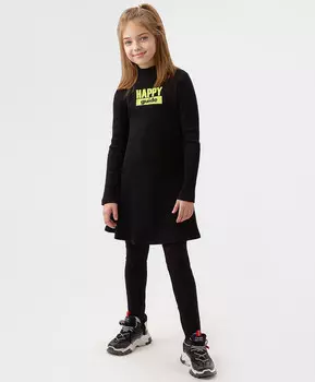 Платье-водолазка в рубчик с длинным рукавом черное для девочки Button Blue (158)