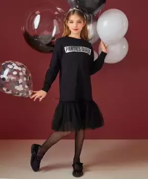 Платье трикотажное с пышной сетчатой юбкой черное Button Blue (128)