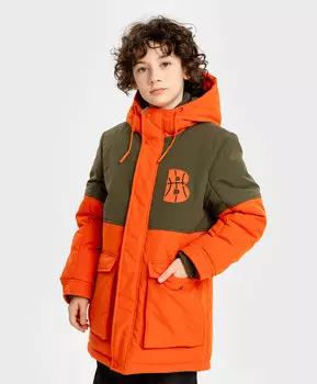 Полупальто демисезонное с капюшоном и манжетами оранжево-зеленое для мальчика Button Blue