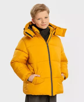 Пуховик зимний водоотталкивающий со съемным капюшоном желтый для мальчика Button Blue (134)