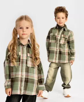 Рубашка в клетку с карманами и длинным рукавом теплая мультицвет детская Button Blue