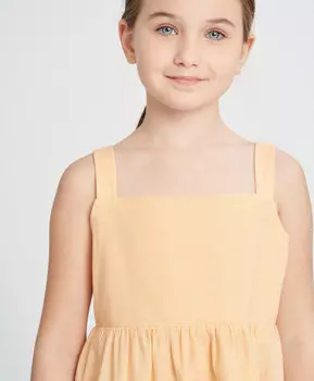 Сарафан льняной на тонких лямках для девочки оранжевый с бантом Button Blue