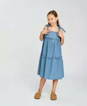 Сарафан с бретелями-завязками для девочки синий Button Blue
