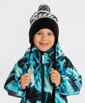 Шапка бини Байкал с ушками на завязках и с помпоном черная для мальчика Button Blue (52)