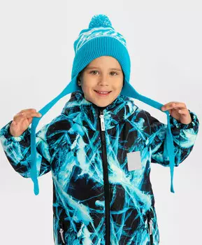 Шапка бини Байкал с ушками на завязках и с помпоном голубая для мальчика Button Blue (54)