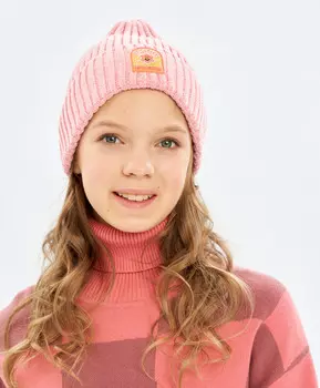 Шапка бини с подворотом розовая для девочки Button Blue