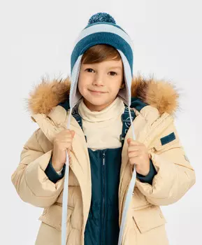 Шапка бини с ушками на завязках и с помпоном мультицвет для мальчика Button Blue (54)