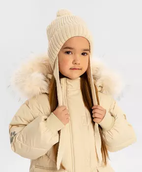 Шапка бини с ушками на завязках и с помпоном бежевая детская Button Blue