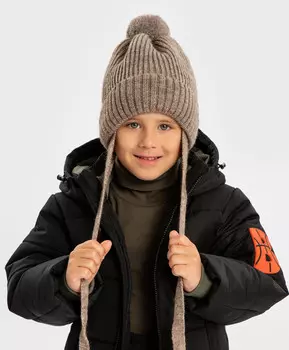 Шапка бини с ушками на завязках и с помпоном утепленная бежевая детская Button Blue (52)