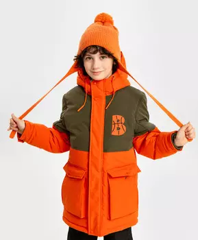 Шапка бини с ушками на завязках и с помпоном утепленная оранжевая детская Button Blue (52)