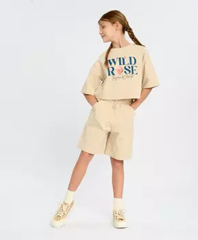 Шорты бермуды для девочки молочные с поясом на резинке и карманами Button Blue