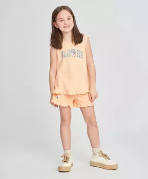 Шорты для девочки оранжевые с оборкой и принтом Button Blue