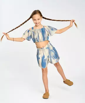 Шорты для девочки расклешенные принтованные с поясом на резинке мультицвет Button Blue