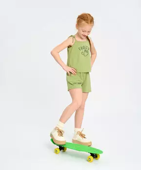 Шорты для девочки зеленые легкие с поясом на резинке и принтом Button Blue