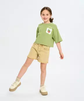 Шорты джинсовые для девочки молочные с поясом на резинке и бахромой Button Blue