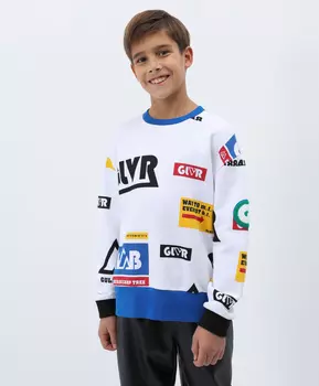 Толстовка из белого футера с принтами и шевронами Gulliver