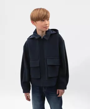 Ветровка для мальчика из пальтовой ткани с капюшоном синяя Gulliver