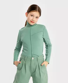 Водолазка в рубчик с воротником-стойкой и внешними швами зеленая для девочки Button Blue (164)