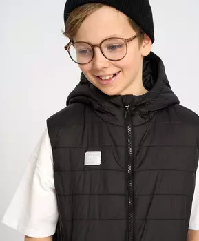 Жилет детский утепленный стеганый черный с капюшоном Button Blue