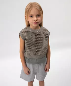 Жилет для девочки вязаный укороченный из мерсеризированной пряжи с пайетками серый Roberto Moretti