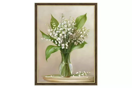 Репродукция в раме Ландыши в стеклянной вазочке