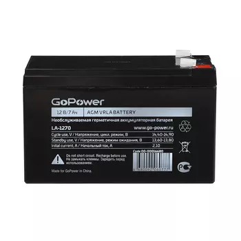 Аккумулятор свинцово-кислотный GoPower LA-1270 12V 7Ah клеммы T2/ F2 (1/5) Аккумулятор свинцово-кислотный GoPower LA-1270 (00-00016680)